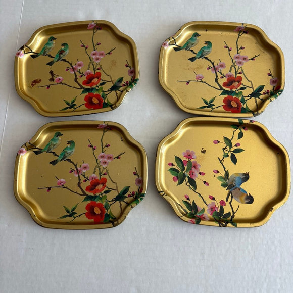 Elite Trays Gold Pink Floral Bird Vanity Trays Set of 4 - Picture 1 of 5
